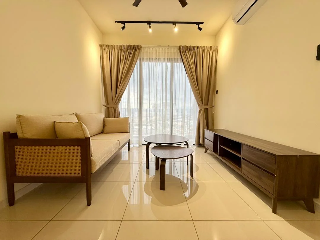 Living features: beige fabric sofa, wooden coffee table, wooden TV console, floor-to-ceiling windows, sheer curtains, recessed downlights, cream painted walls, glossy tile flooring, 1 wall-mounted split AC; style: modern; view: city.